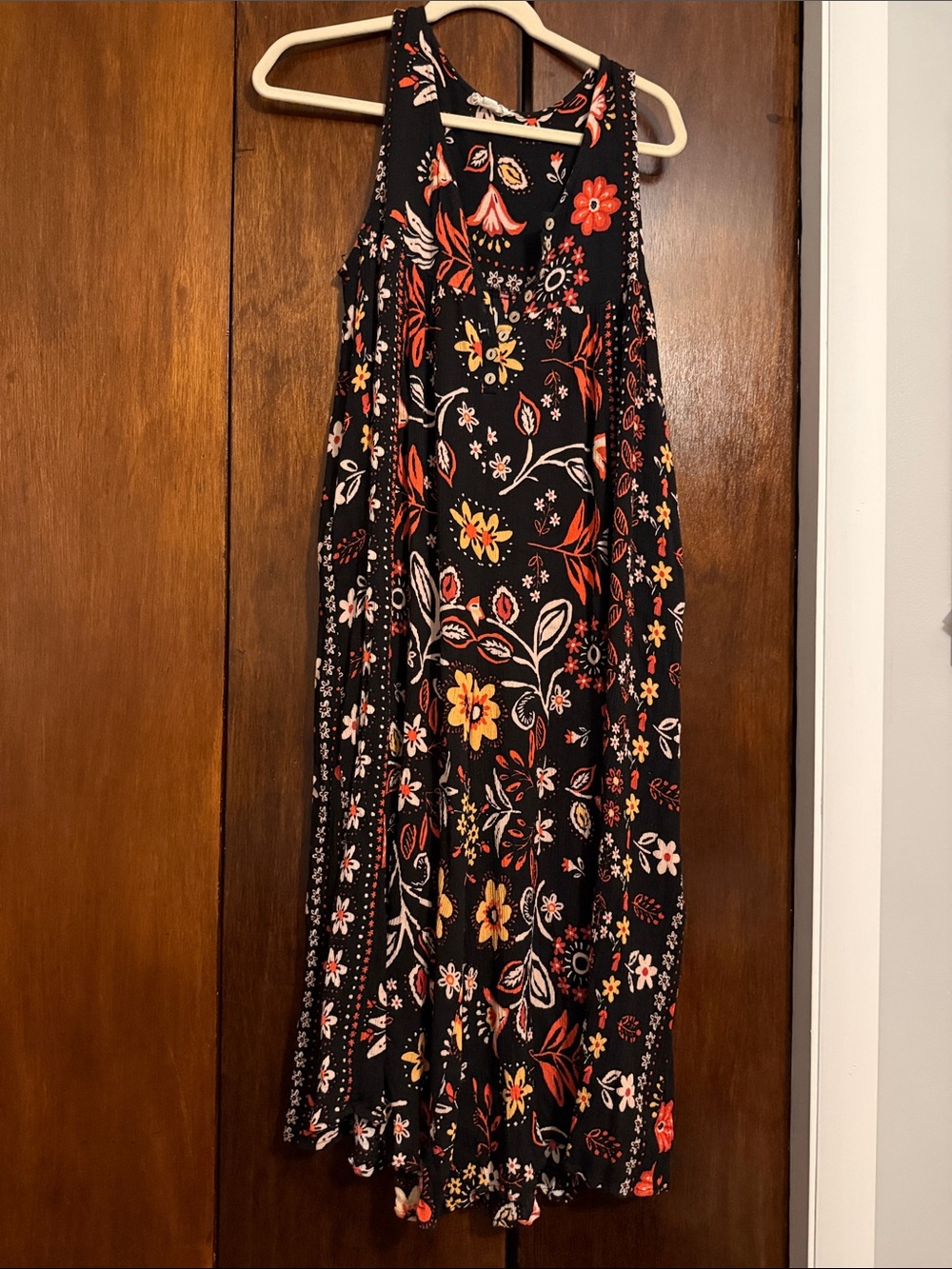 Black Floral Romper with Yellow & Red Blooms